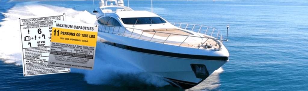 A yacht in the water; there is a label that reads "Maximum capacities: 11 persons or 1585 lbs."